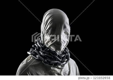 Portrait of a scary ghost with chains isolated on black background with clipping path Portrait of a scary ghost with chains isolated on black background with clipping path 121032658
