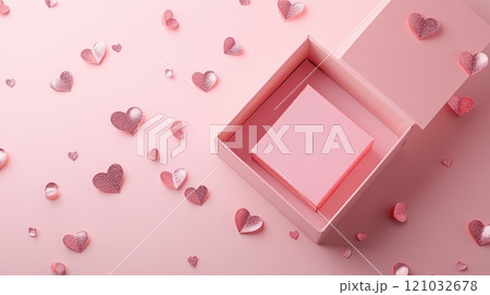 An open pink box and metallic pink and silver hearts are all around it with pink background. 121032678