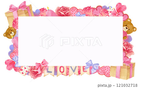 Watercolor rectangle frame of gifts, roses, heart-shaped candy and teddy bear with pink heart. 121032718