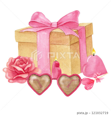 Watercolor composition with gift box, heart-shaped glasses and candles, and pink roses. Watercolor composition with gift box, heart-shaped glasses and candles, and pink roses. 121032719