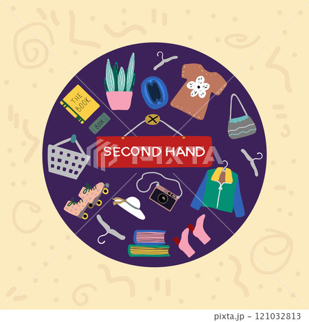 Second hand shop round composition vector artwork Second hand shop round composition vector artwork 121032813