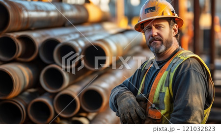 A construction worker actively interacting with steel pipes. 121032823