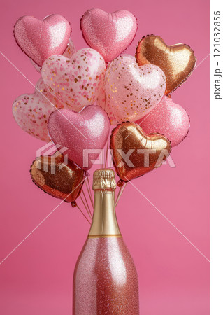 Champagne bottle with sparkling pink and gold heart shaped balloons 121032856