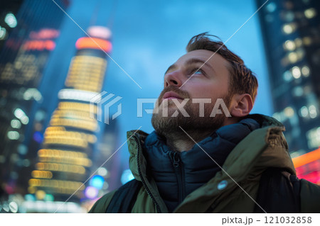 Man looking upwards, illuminated by neon city lights at night 121032858