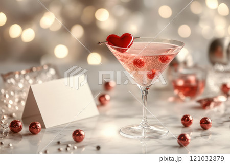 Festive cocktail garnished with a heart, a card with a red heart design, set against bokeh lighting 121032879