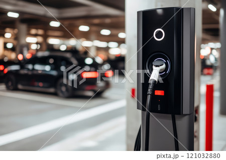 EV charging port with glowing lights. Sustainable urban transportation 121032880
