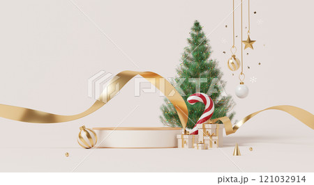 3D render, Merry Christmas background with display podium for showing product, tree, golden ribbon and festive ornaments. 3D render, Merry Christmas background with display podium for showing product, tree, golden ribbon and festive ornaments. 121032914