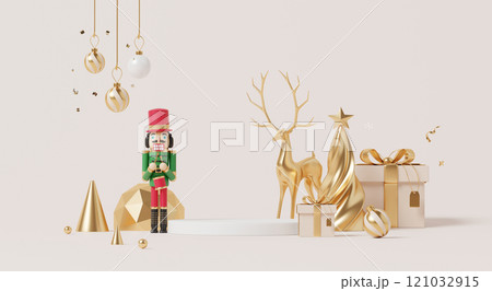 3D render, Merry Christmas and happy new year background with podium display platform, golden ornaments, nutcracker, reindeer, and gifts 121032915