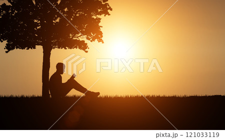 Man reading a book under a tree in nature at sunset. Silhouette of a person reading a book. Man reading a book under a tree in nature at sunset. Silhouette of a person reading a book. 121033119
