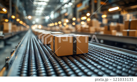 Industrial conveyor belt carrying sealed cardboard packages, illuminated by a warm sunset glow in a logistics setting Industrial conveyor belt carrying sealed cardboard packages, illuminated by a warm sunset glow in a logistics setting 121033135