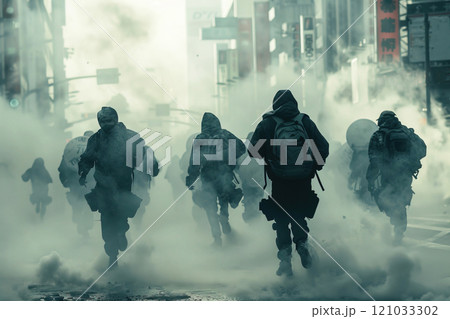 Asian protest of aggressive people in smoke, armed angry activists running. Burning cars, police with guns. Asian protest of aggressive people in smoke, armed angry activists running. Burning cars, police with guns. 121033302