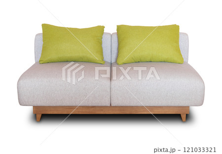 fabric sofa is a modern stylish with green backrest pillow, featuring a beautiful wood base that complements the simple design with stylish upholstery. 121033321