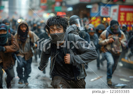 Asian protest of aggressive people in smoke, armed angry activists running. Burning cars, police with guns. 121033385