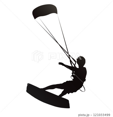 Surfer on board with parachute black silhouette Surfer on board with parachute black silhouette 121033499