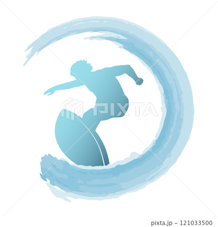 Surfer on the board silhouette and big blue wave 121033500