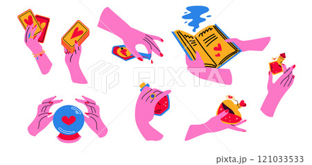 Witch and magical attributes. Hands holding bottles of potion, an open book, tarot cards. 121033533