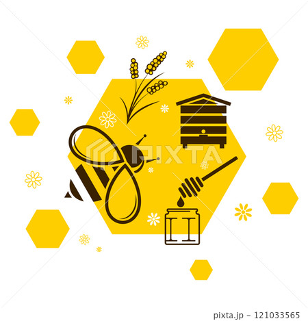 Symbol for beekeeping with bee, honeycomb and flowers 121033565