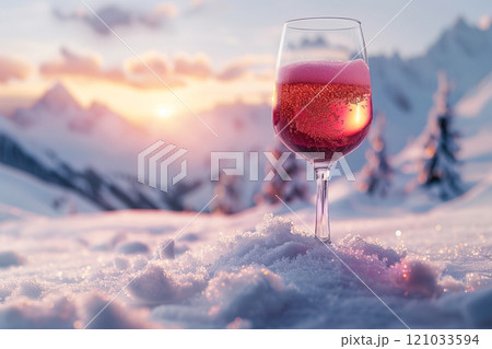 A glass of wine alcohol in the snow at sunset, background blurry snow-capped tourist mountains. A glass of wine alcohol in the snow at sunset, background blurry snow-capped tourist mountains. 121033594