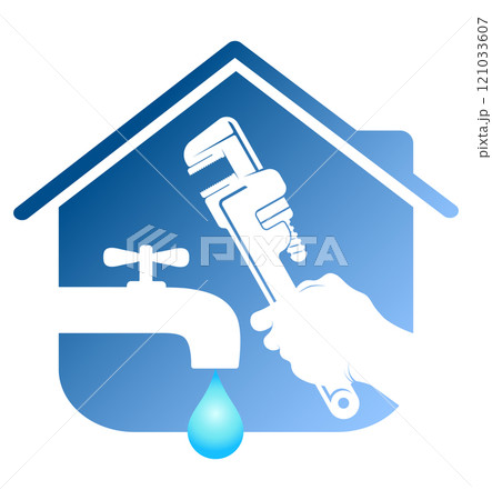 Symbol for plumbing repair, wrench in hand and water faucet Symbol for plumbing repair, wrench in hand and water faucet 121033607