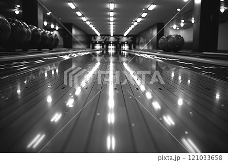 Bowling sports hall, empty throwing hall in the light of lamps, blurred pins in the background. 121033658