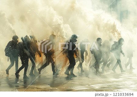 Protest of aggressive people in smoke, armed in mask at night. Burning cars, police with guns. 121033694