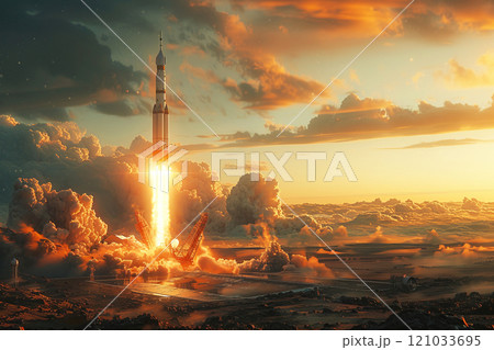 space rocket takes off from cosmodrome in fire, smoke. Launch of scientific technological apparatus into space. 121033695