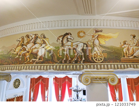 The wall of the cinema is painted in ancient Greek style The wall of the cinema is painted in ancient Greek style 121033749