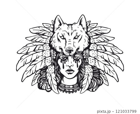 Cowgirl in headdress decorated wolf head and feathers, black tears and ethnic decoration American gothic engraved vector 121033799
