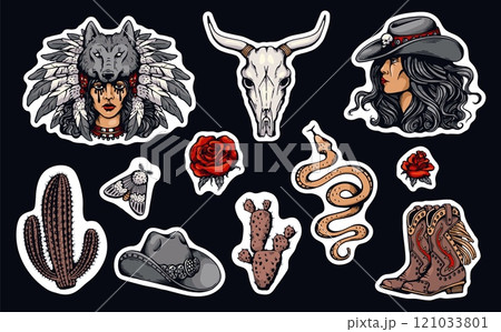 Wild west American gothic vector stickers set, cowgirl in headdress decorated wolf head and feathers, roses and cactus Wild west American gothic vector stickers set, cowgirl in headdress decorated wolf head and feathers, roses and cactus 121033801