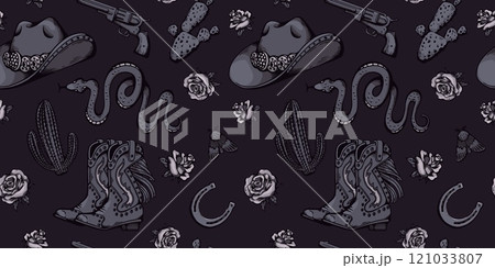 Western soul American gothic vector seamless pattern, Wild west style, cowgirl hat and boots, roses and cactus, revolver Western soul American gothic vector seamless pattern, Wild west style, cowgirl hat and boots, roses and cactus, revolver 121033807