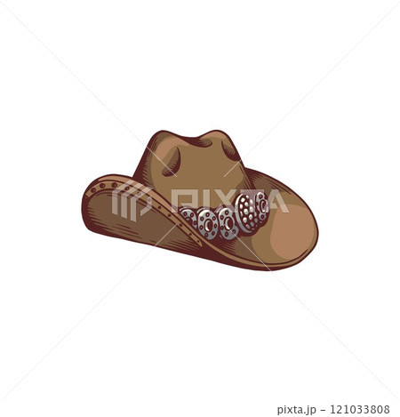 Cowboy hat icon, brown sombrero hat decorated with metal circles, Wild west style, American gothic fashion headdress 121033808