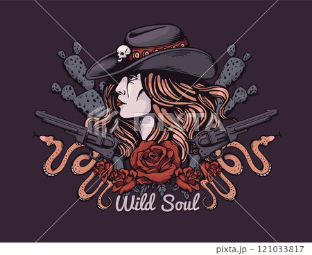 Wild soul American gothic vector poster, Wild west style, pretty cowgirl in hat decorated skull, roses, revolvers snake Wild soul American gothic vector poster, Wild west style, pretty cowgirl in hat decorated skull, roses, revolvers snake 121033817
