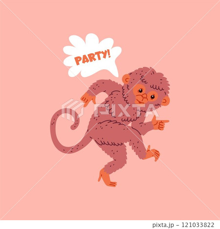 Cute fluffy monkey dancing, vector cartoon funny chimpanzee have fun on disco party, music wild animal entertainment Cute fluffy monkey dancing, vector cartoon funny chimpanzee have fun on disco party, music wild animal entertainment 121033822