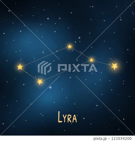 Lyra constellation: night sky star pattern with dotted lines and bright stars. 121034200