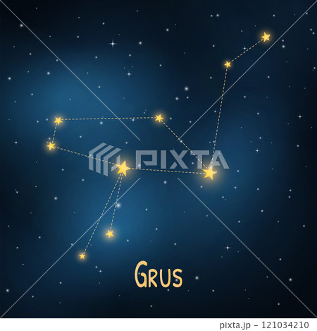 Celestial map of grus constellation in a starry night sky. 121034210