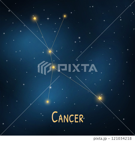 Cancer zodiac constellation: night sky star map with glowing stars and cosmic background. 121034218