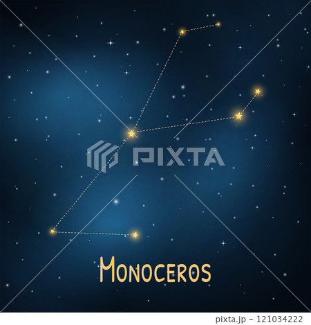 Monoceros constellation: celestial glow in the night sky with bright stars. 121034222