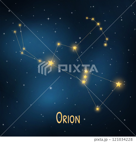 Orion constellation in night sky with glowing stars and cosmic background. 121034228