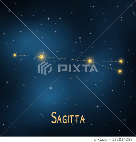 Sagitta constellation against a starry night sky with glowing stars. 121034258