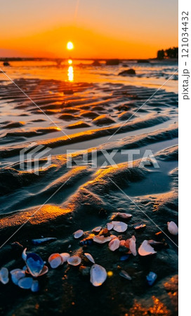 sunset on the white sea, shells in the water, ribbed sand sunset on the white sea, shells in the water, ribbed sand 121034432