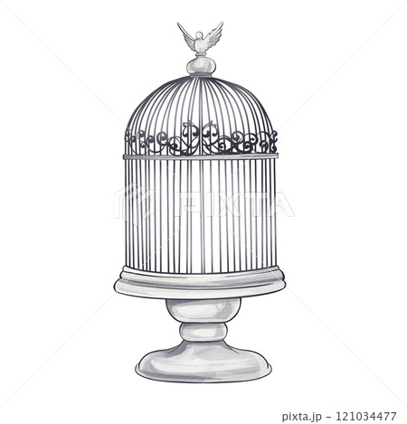 Delicate brushstrokes create a charming watercolor rendition of an elegant birdcage resting upon a graceful pedestal. The cage features ornate details and a small bird perched at the top. Beautifully 121034477