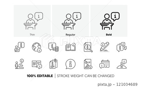Reception information, Journey path, Guide book. Info center line icons. Call center, Faq chat bubbles, Info help desk icons. Search information and Customer help service. Line icons set. Vector 121034689