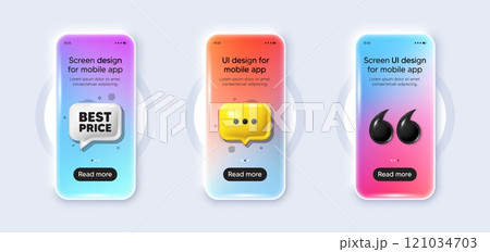 Phone 3d mockup gradient screen. Best Price tag. Special offer Sale sign. Advertising Discounts symbol. Best price phone mockup message. 3d chat speech bubble. Yellow text box app. Vector 121034703
