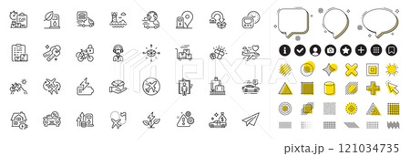Set of Inventory checklist, Battery and Shipping support line icons for web app. Design elements, Social media icons. Cash transit, Gift, Bicycle lockers icons. Vector 121034735