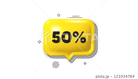 3d speech bubble icon. 50 percent off sale tag. Discount offer price sign. Special offer symbol. Discount chat talk message. Speech bubble banner. Yellow text balloon. Vector 121034764