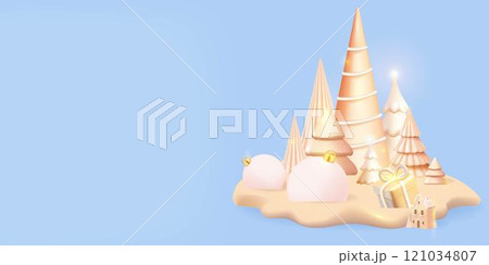 A Christmas snow with trees, balls, a gift box, and a house. 3d render, vector A Christmas snow with trees, balls, a gift box, and a house. 3d render, vector 121034807