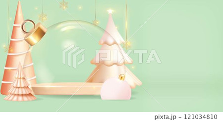 A decorated Christmas tree and snow globe on a green background. 3d render, vector 121034810