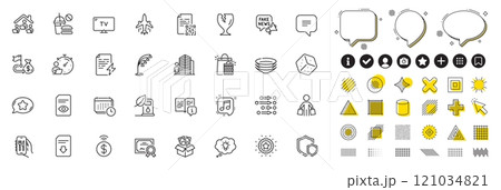 Set of Timer, Certificate and Order line icons for web app. Design elements, Social media icons. Tv, Favorite chat, Download file icons. Agent, Petrol station, Buyer signs. Vector Set of Timer, Certificate and Order line icons for web app. Design elements, Social media icons. Tv, Favorite chat, Download file icons. Agent, Petrol station, Buyer signs. Vector 121034821
