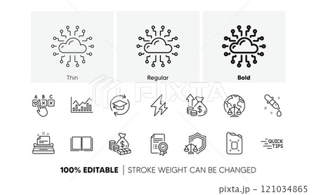 Education, Justice scales and Certificate line icons. Pack of Canister oil, Correct checkbox, Cloud network icon. Electricity, Typewriter, Book pictogram. Continuing education, Infochart. Vector 121034865