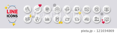 Cloud storage, Search file and Baggage app line icons. White buttons 3d icons. Pack of Bed bugs, Project deadline, Paper plane icon. Confirmed flight, Charging cable, Work home pictogram. Vector 121034869